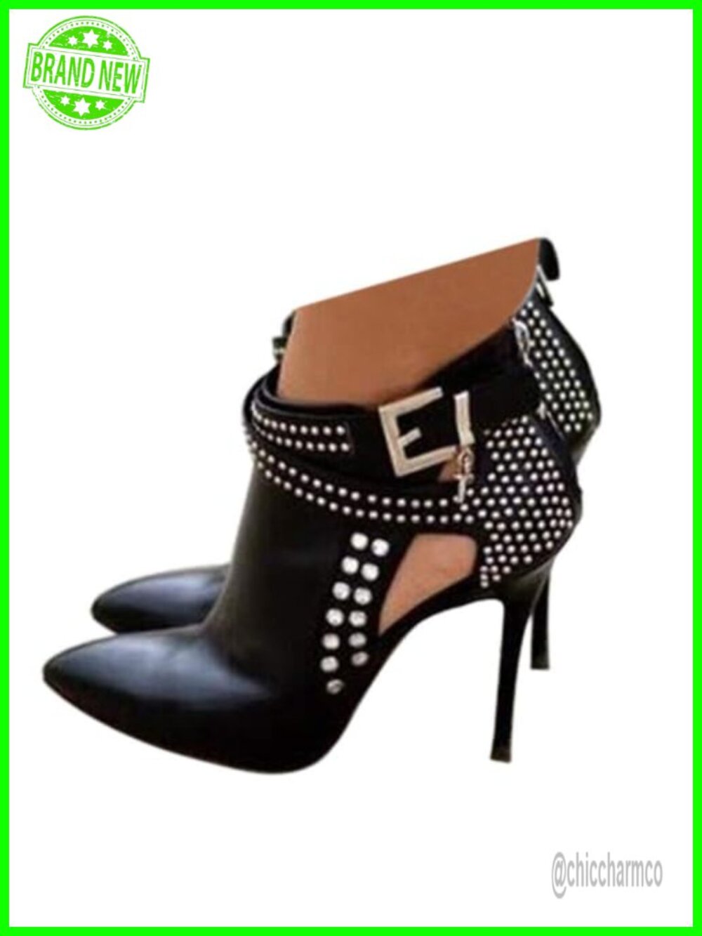 Pointed Toe Stiletto Ankle Booties Faux Leather Rhinestone Zip
